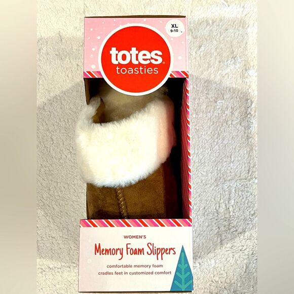 New in Box Totes Women’s Slippers XL 9-10 Brown and White Slides Memory Foam - Picture 1 of 4